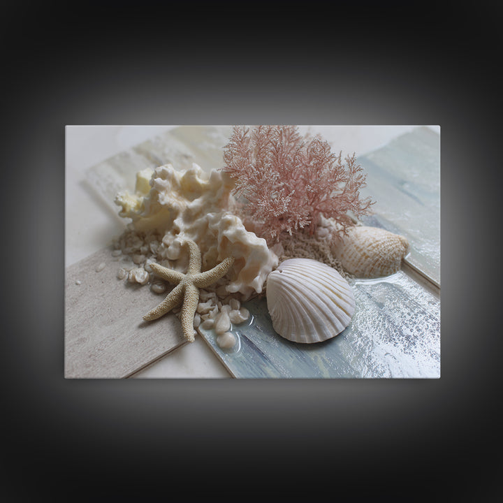 Coral and Shell Arrangement Framed Canvas Print, Bathroom Art, Retro Wall Art, Bathroom Decor, Fine Art, Spa, Modern Decor, BAT-3x2-39