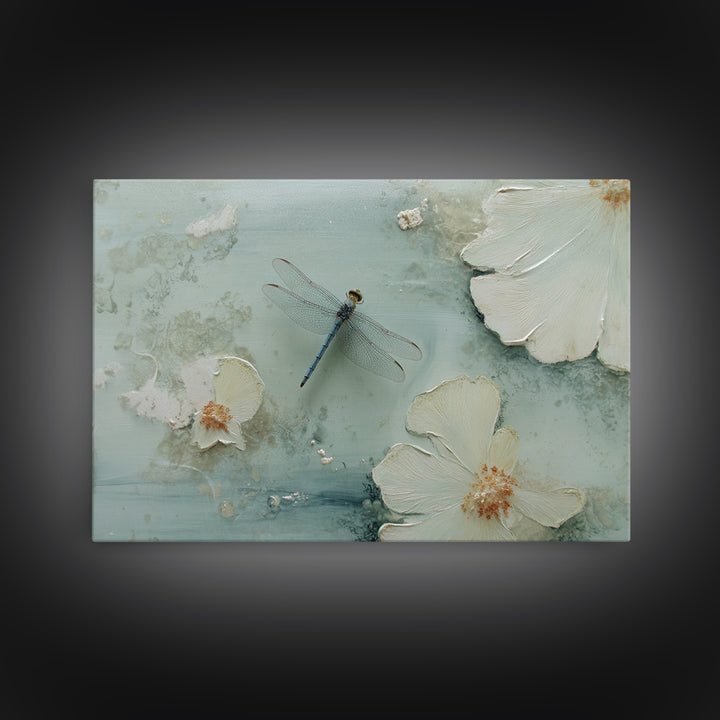 Delicate Dragonfly Above a Pond Surface Canvas Print, Bathroom Art, Room Decor, Bathroom Decor, Oil Painting, Spa, BAT-3x2-4