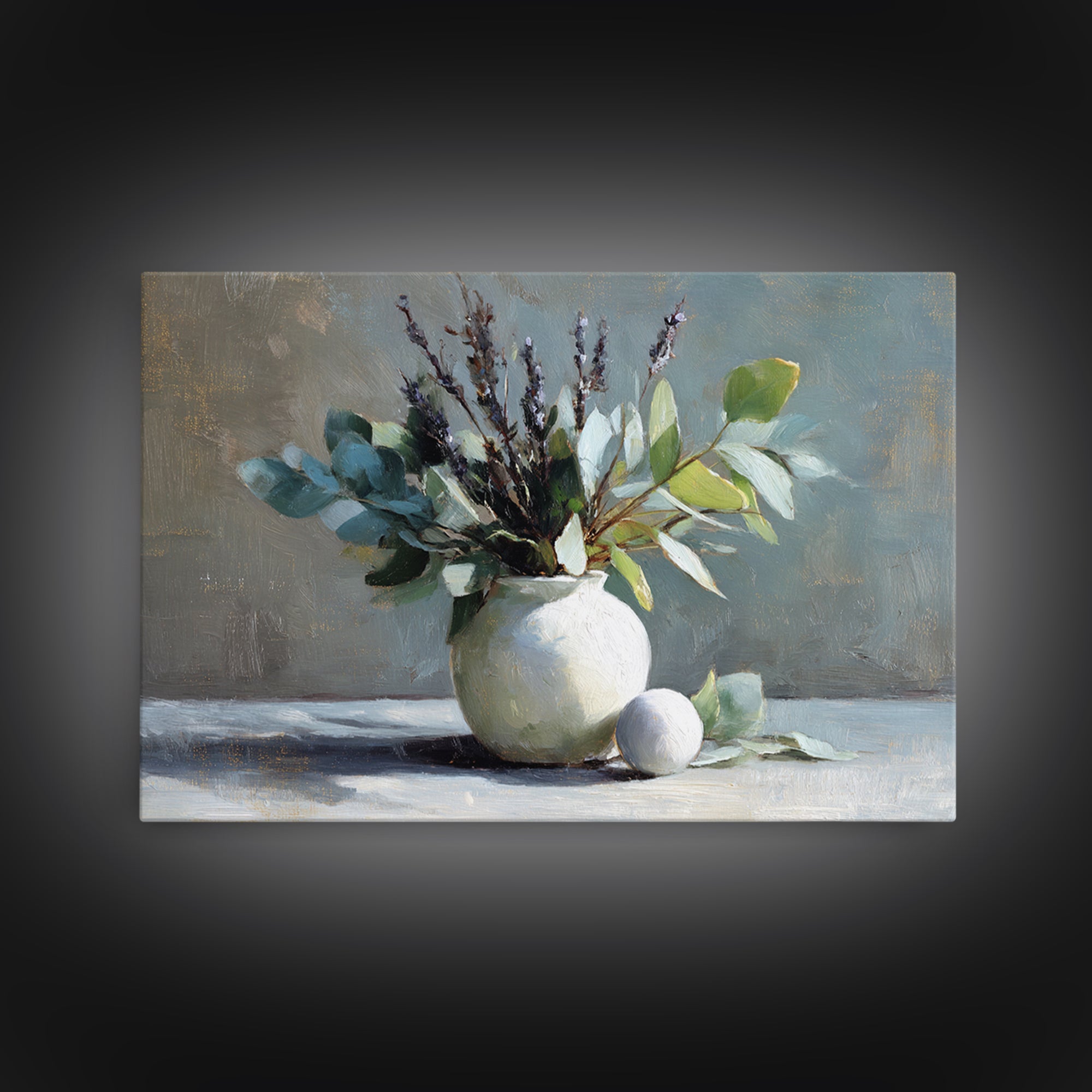 Lavender Sprigs in a Ceramic Vase Framed Canvas Print, Bathroom Art, Bathroom Decor, Oil Painting, Spa, Bathroom Accessories, BAT-3x2-40