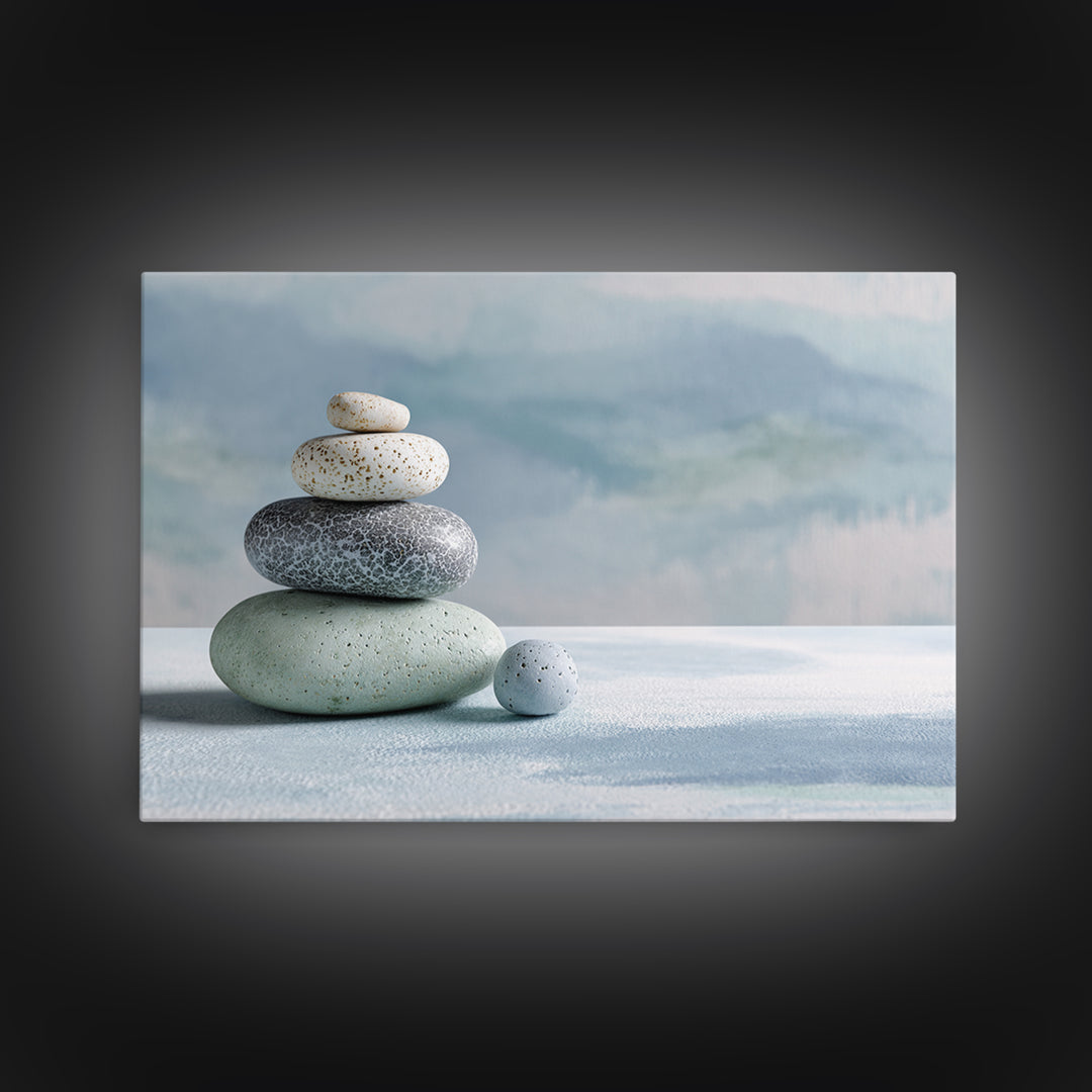 Monochrome Pebble Stack Framed Canvas Print, Bathroom Art, Bathroom Decor, Watercolor Art, Spa, Funny Bathroom Art, BAT-3x2-41