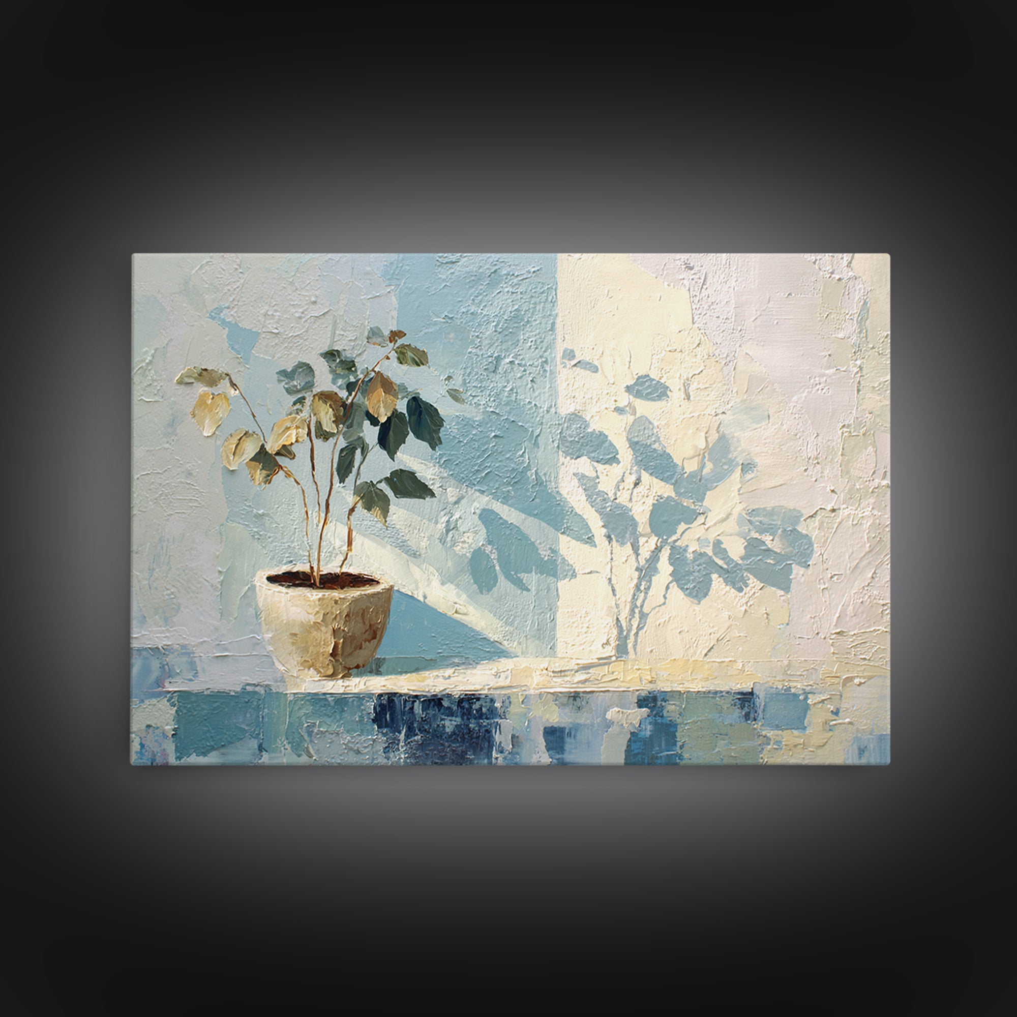 Sunlit Window Plant Shadow on Plaster Framed Canvas Print, Bathroom Art, Bathroom Wall Art, Bathroom Decor, Fine Art, Spa, BAT-3x2-46