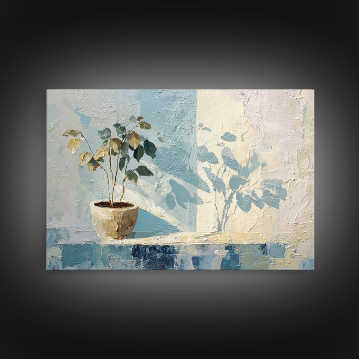 Sunlit Window Plant Shadow on Plaster Framed Canvas Print, Bathroom Art, Bathroom Wall Art, Bathroom Decor, Fine Art, Spa, BAT-3x2-46