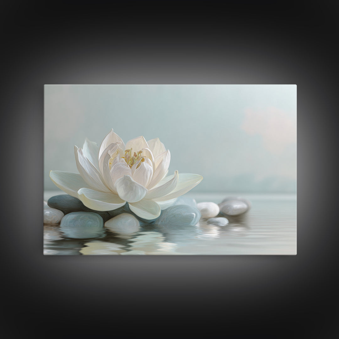 Lotus Flower Floating on Calm Water Canvas Print, Bathroom Art, Framed Wall Art, Bathroom Decor, Spa, Bathroom Art Decor, BAT-3x2-48