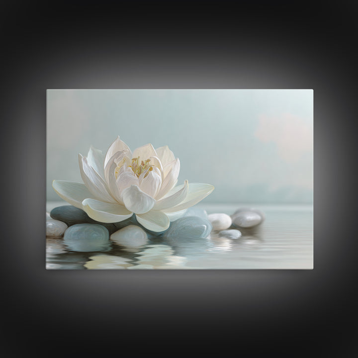 Lotus Flower Floating on Calm Water Canvas Print, Bathroom Art, Framed Wall Art, Bathroom Decor, Spa, Bathroom Art Decor, BAT-3x2-48