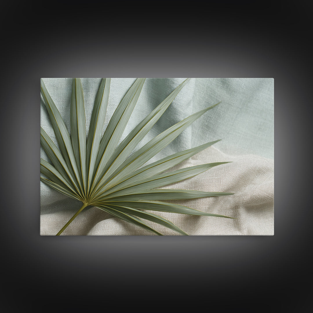 Simple Palm Frond on Off White Linen Canvas Print, Bathroom Art, Canvas Wall Art, Bathroom Decor, Spa, Bathroom Wallpaper, BAT-3x2-51