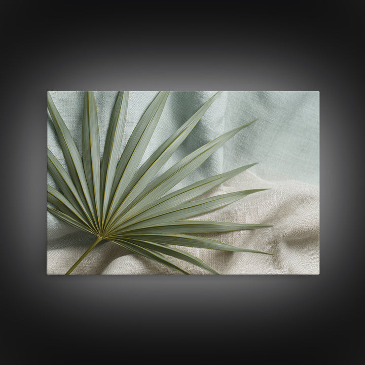 Simple Palm Frond on Off White Linen Canvas Print, Bathroom Art, Canvas Wall Art, Bathroom Decor, Spa, Bathroom Wallpaper, BAT-3x2-51