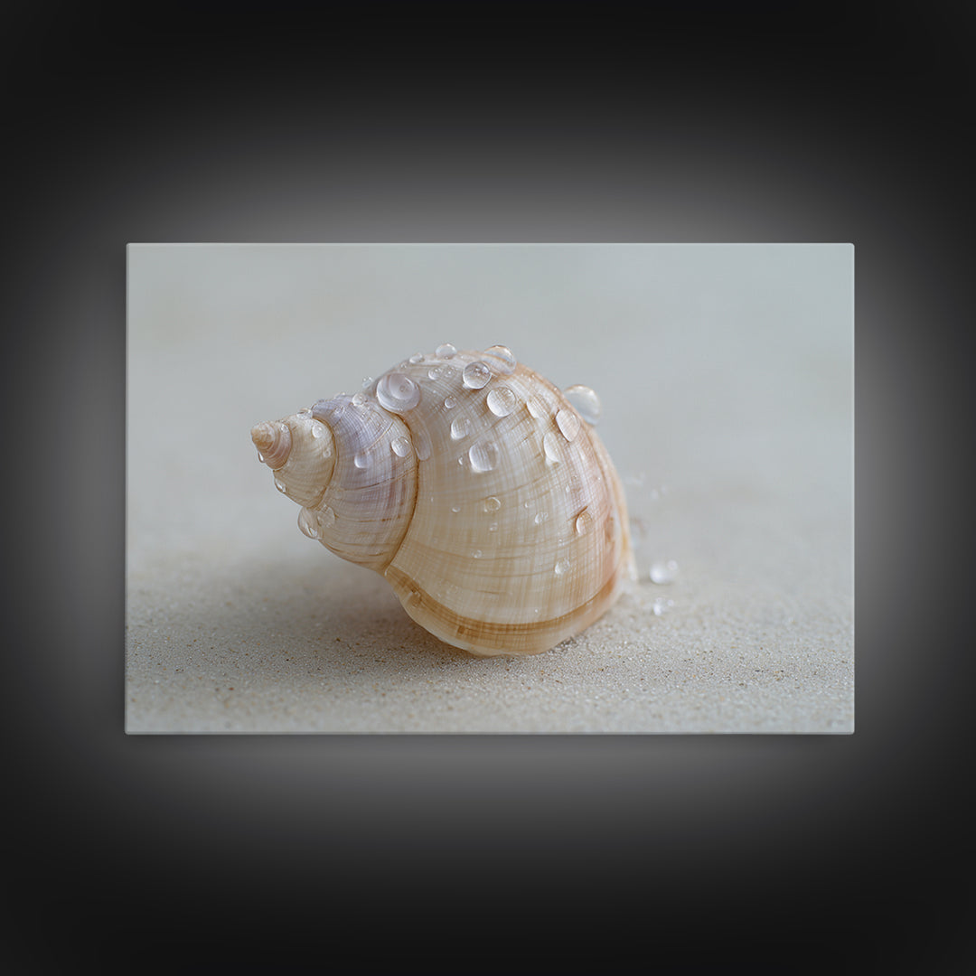 Minimal Seashell Still Life on Pale Sand Framed Canvas Print, Bathroom Art, Boho Decor, Bathroom Decor, Oil Painting, Spa, BAT-3x2-55