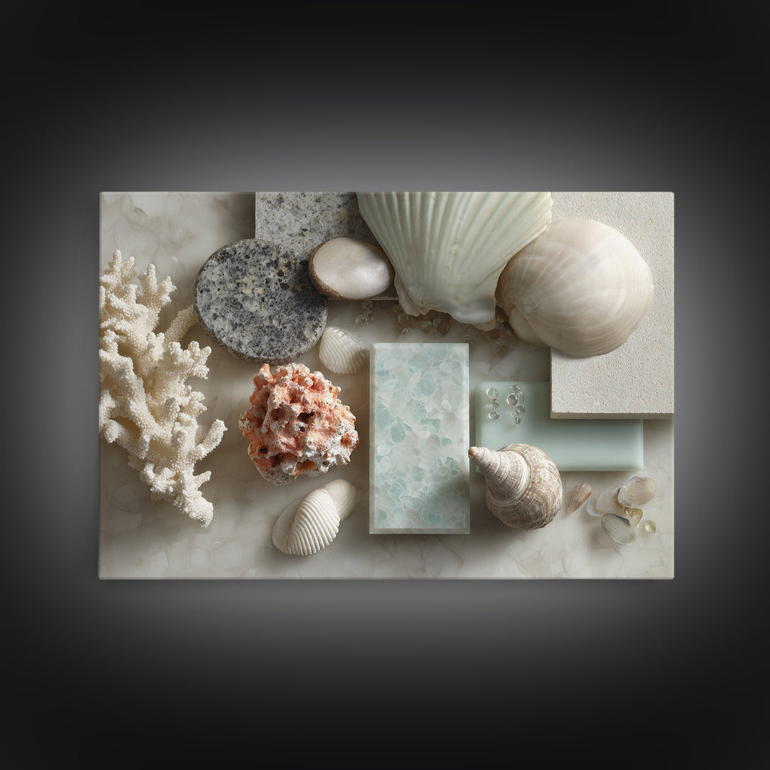 Coral and Shell Arrangement Framed Canvas Print, Bathroom Art, Contemporary Art, Bathroom Decor, Fine Art, Spa, Framed Wall Art, BAT-3x2-63
