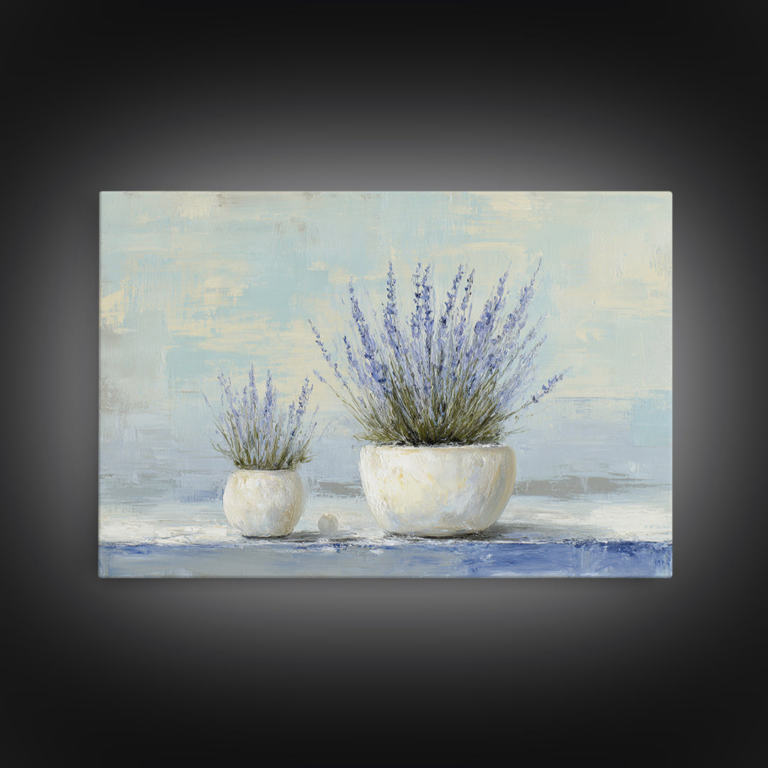 Lavender Sprigs in a Ceramic Vase Framed Canvas Print, Bathroom Art, Retro Wall Art, Bathroom Decor, Abstract Art, Spa, BAT-3x2-64