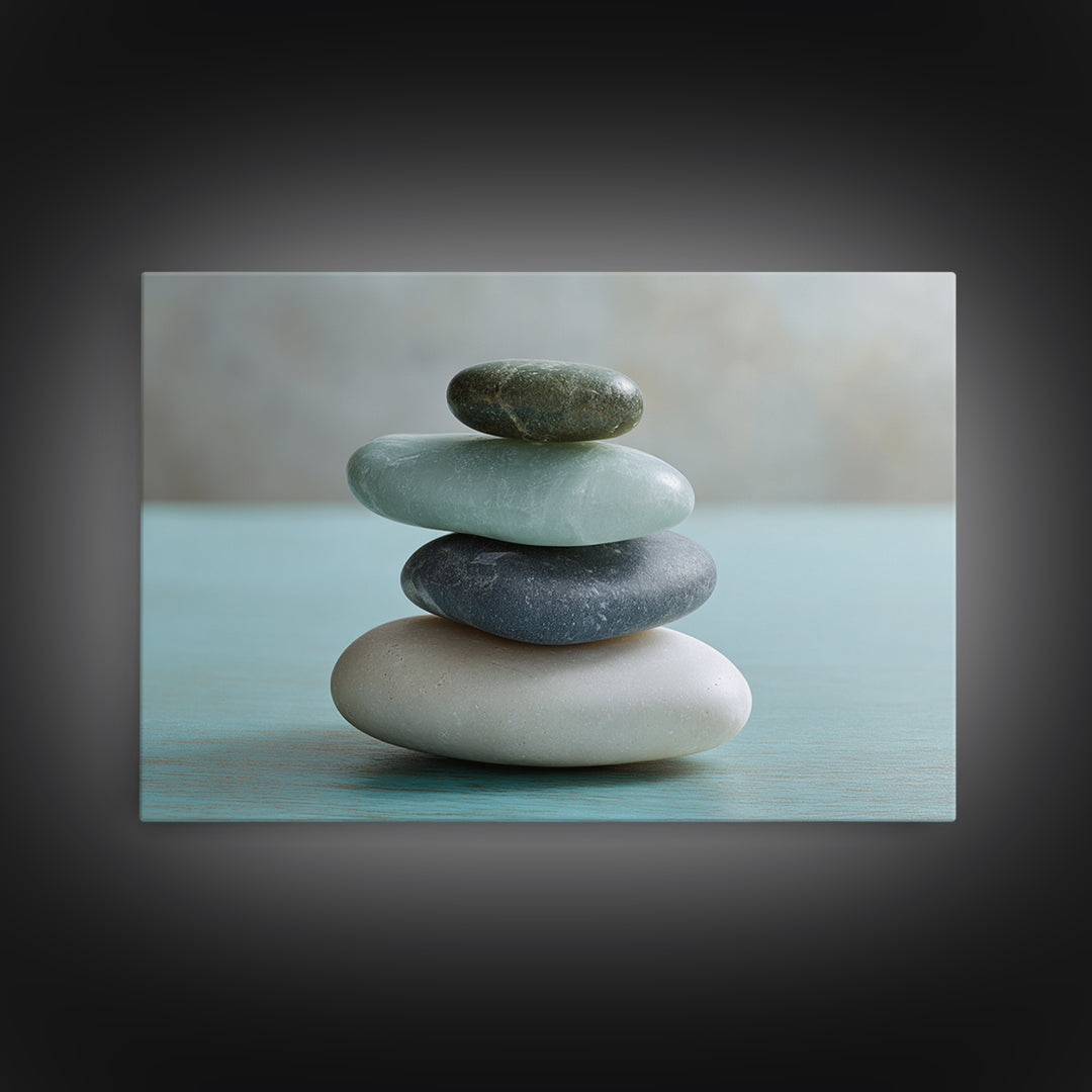 Monochrome Pebble Stack Framed Canvas Print, Bathroom Art, Bathroom Decor, Watercolor Art, Spa, Funny Bathroom Art, BAT-3x2-65