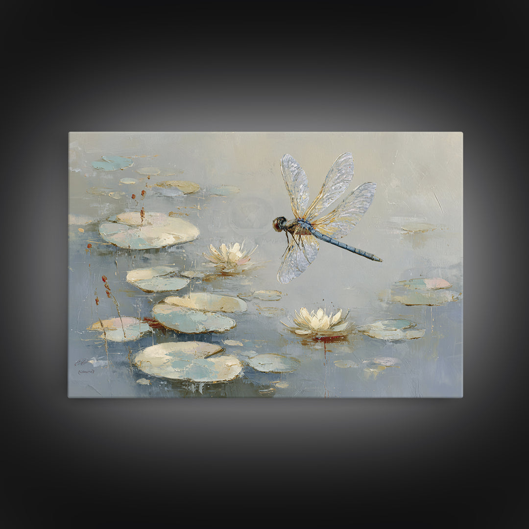 Delicate Dragonfly Above a Pond Surface Canvas Print, Bathroom Art, Unique Wall Art, Bathroom Decor, Spa, Gallery Decor, BAT-3x2-76