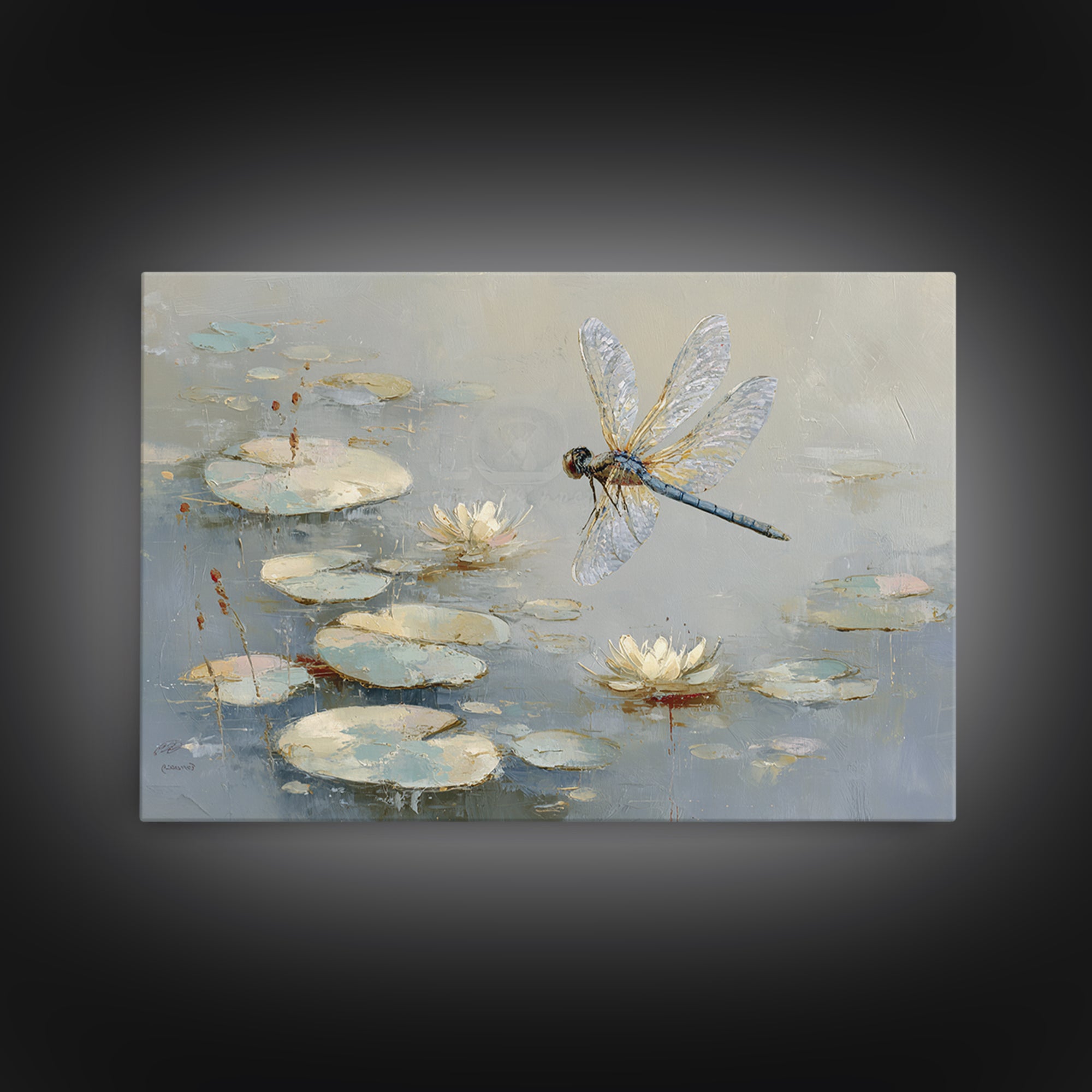 Delicate Dragonfly Above a Pond Surface Canvas Print, Bathroom Art, Unique Wall Art, Bathroom Decor, Spa, Gallery Decor, BAT-3x2-76
