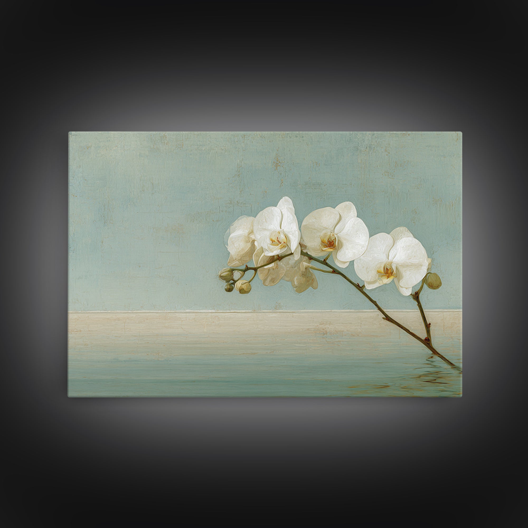 White Orchid on Warm Stone Background Framed Canvas Print, Bathroom Art, Poster, Bathroom Decor, Oil Painting, Spa, BAT-3x2-8