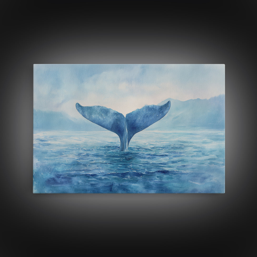 Watercolor Whale Tail Framed Canvas Print, Bathroom Art, Fine Art Print, Bathroom Decor, Fine Art, Spa, Poster, Digital Art, BAT-3x2-91