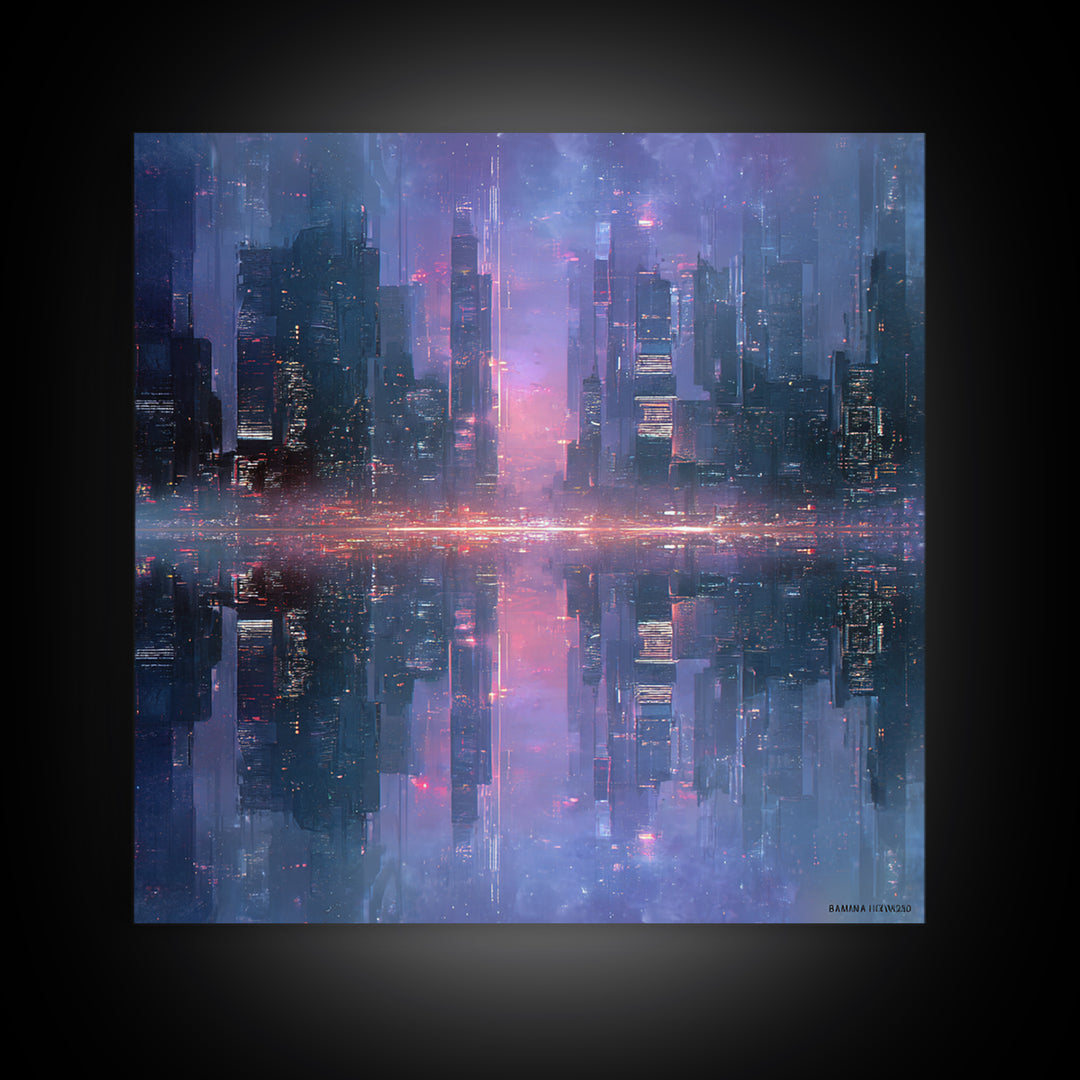 Monochrome City Skyline Reflected Framed Canvas Print, Black and White Art, Living Room Decor, Abstract Art, Monochrome, BAW-1x1-11