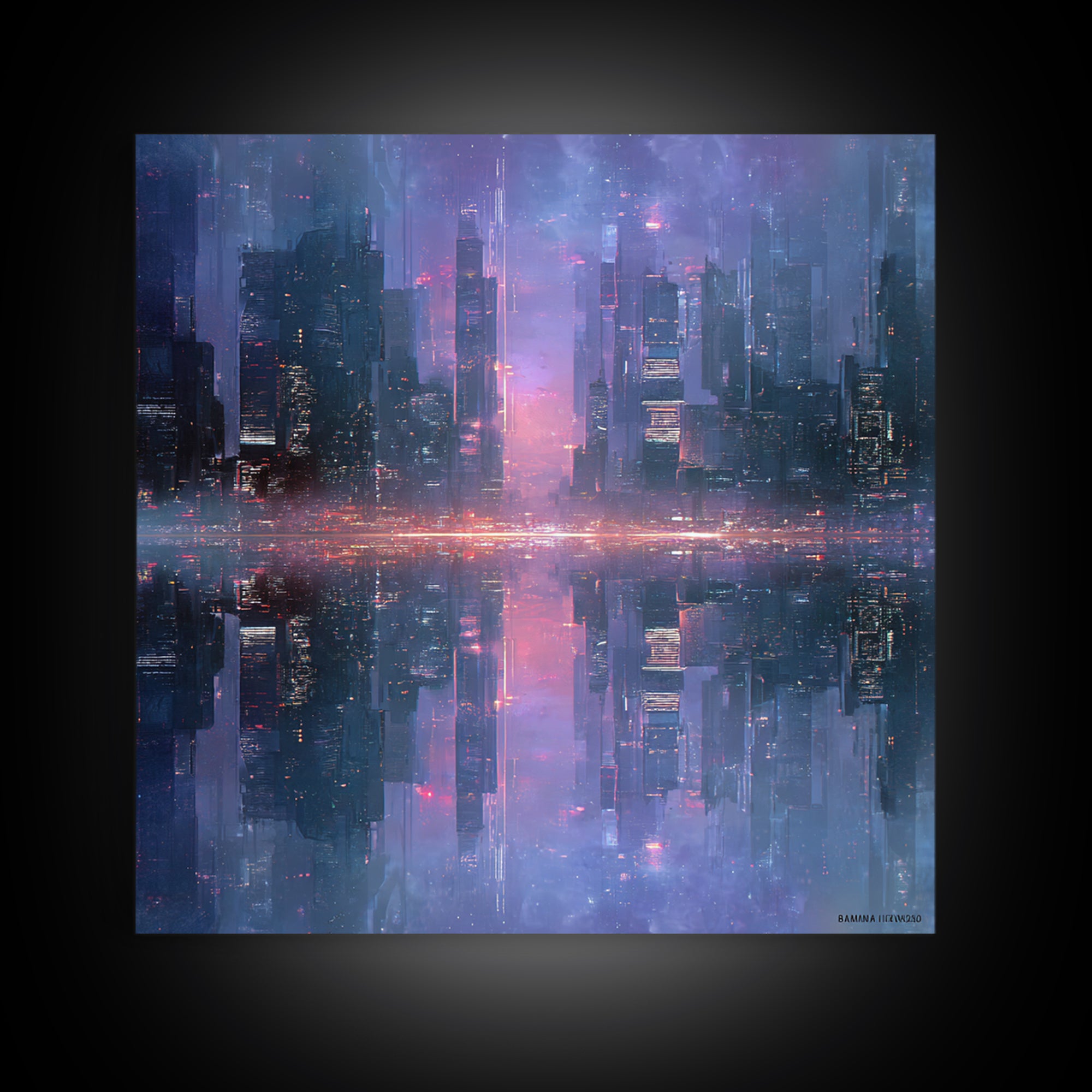 Monochrome City Skyline Reflected Framed Canvas Print, Black and White Art, Living Room Decor, Abstract Art, Monochrome, BAW-1x1-11