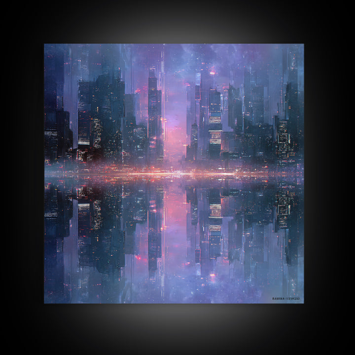Monochrome City Skyline Reflected Framed Canvas Print, Black and White Art, Living Room Decor, Abstract Art, Monochrome, BAW-1x1-11