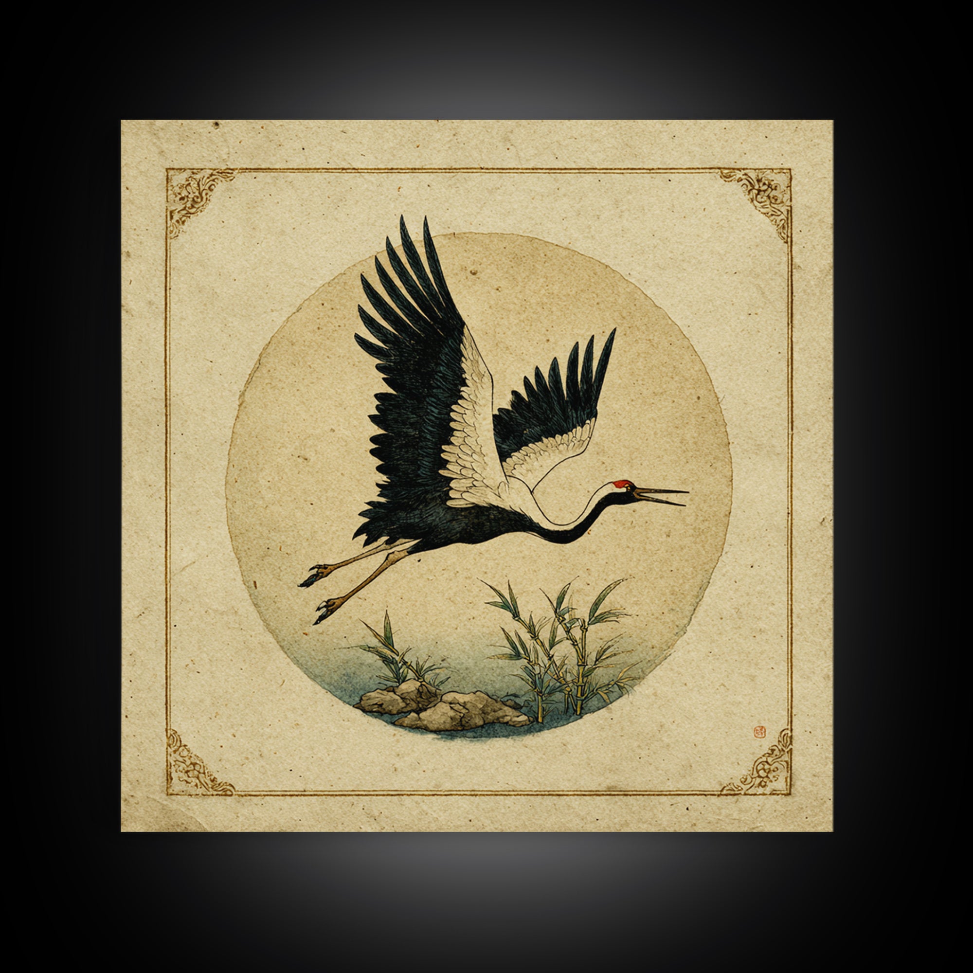 Black Ink Crane Flying Across Empty Sky Canvas Print, Black and White Art, Photo Prints, Living Room Decor, Watercolor Art, BAW-1x1-13