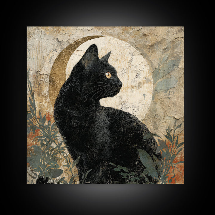 Black Cat Silhouette Framed Canvas Print, Black and White Art, Abstract Art, Living Room Decor, Watercolor Art, Monochrome, BAW-1x1-16