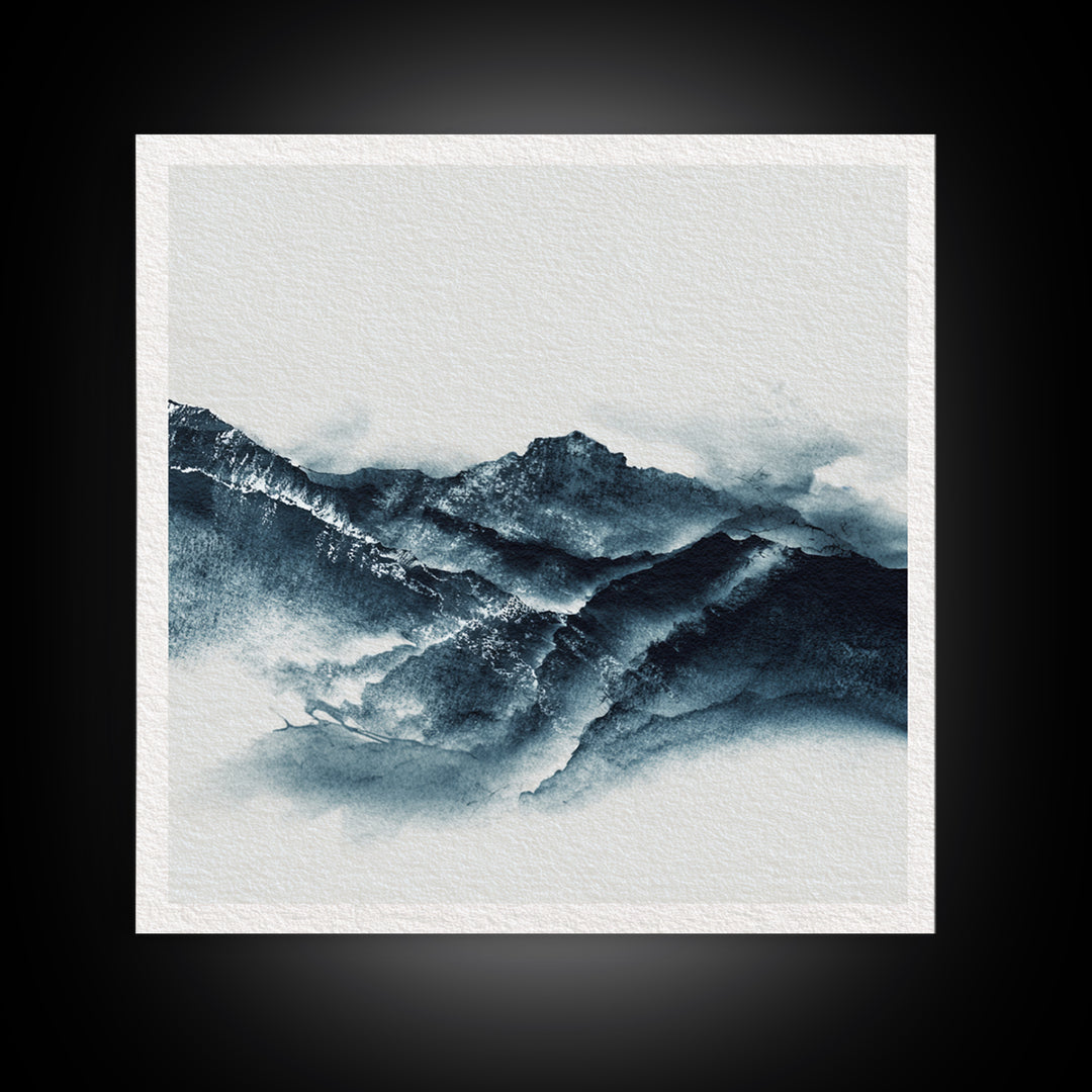 Black Ink Mountain Range Framed Canvas Print, Black and White Art, Canvas Print, Living Room Decor, Oil Painting, Monochrome, BAW-1x1-2