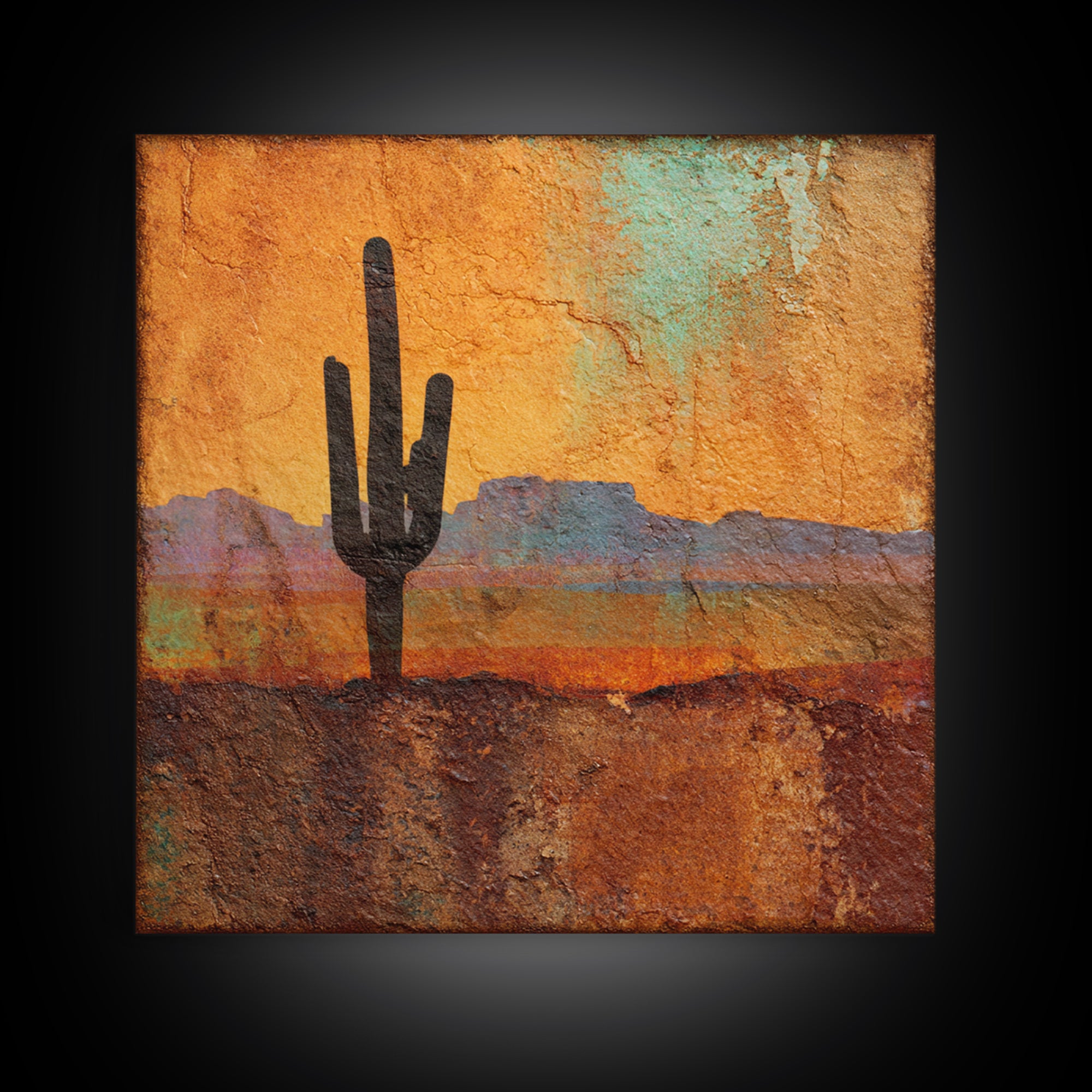 Monochrome Desert Cactus Silhouette Framed Canvas Print, Black and White Art, Neutral Decor, Living Room Decor, Oil Painting, BAW-1x1-21