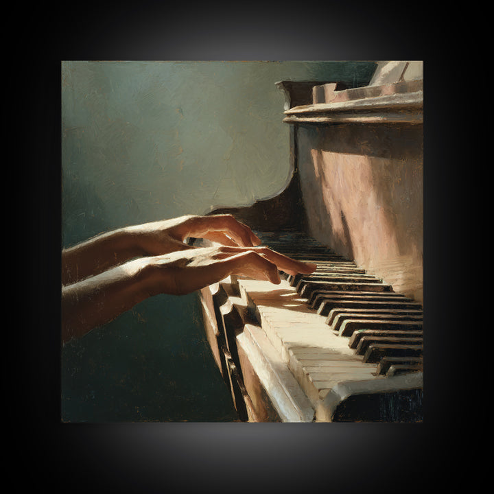 Piano Keys and Hands Canvas Print, Black and White Art, Modern Wall Art, Living Room Decor, Oil Painting, Monochrome, BAW-1x1-22