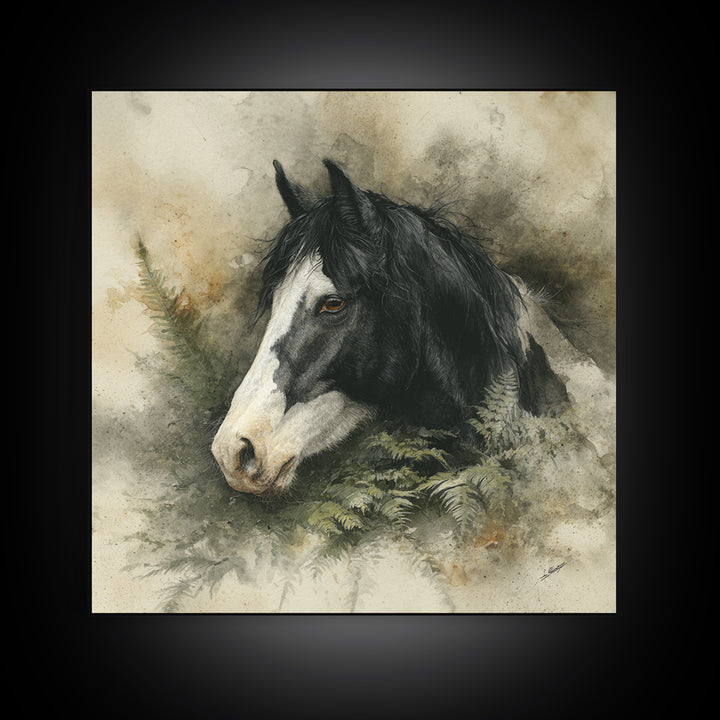 Black and White Wild Horse Portrait Framed Canvas Print, Black and White Art, Textured Painting, Living Room Decor, Monochrome, BAW-1x1-29