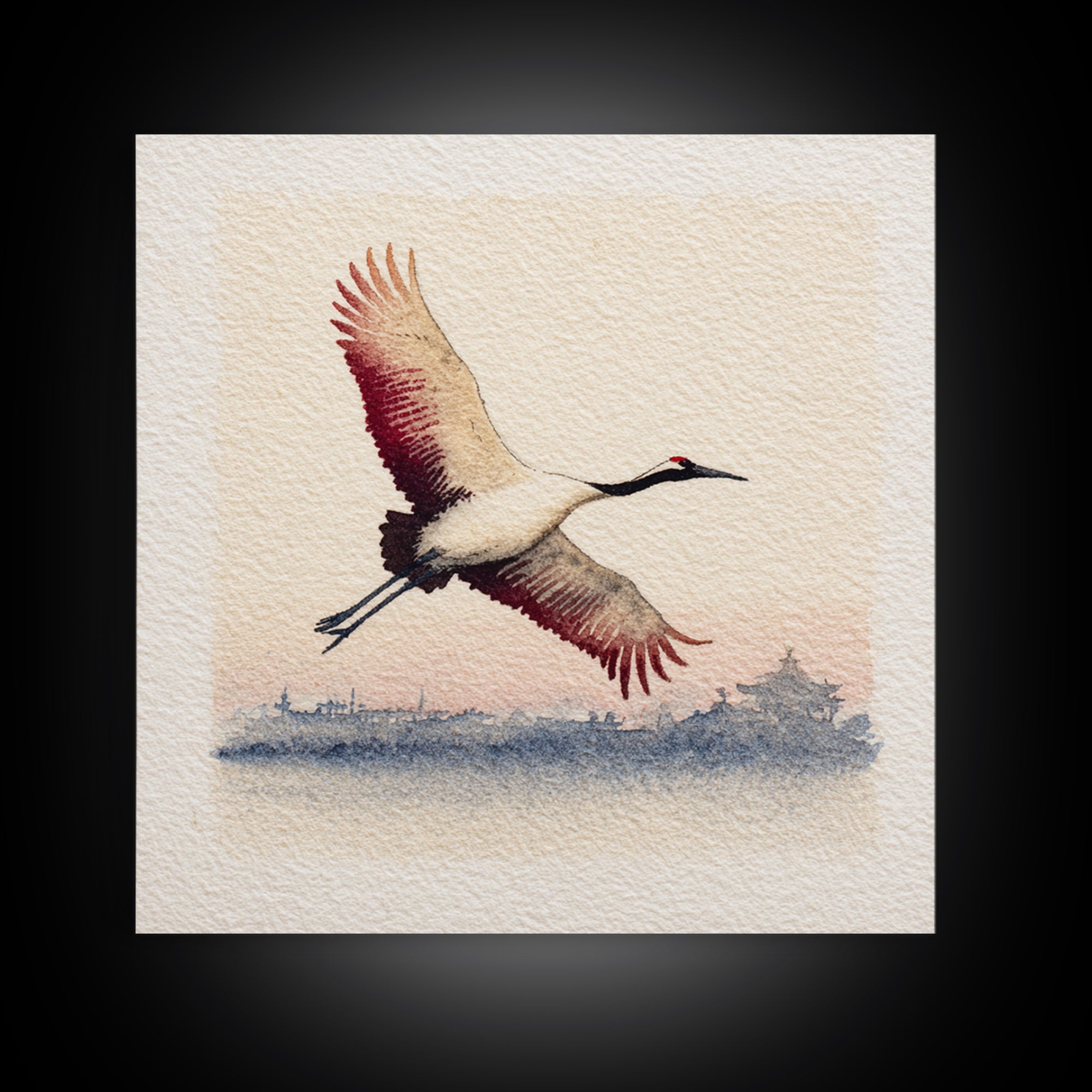 Black Ink Crane Flying Across Empty Sky Canvas Print, Black and White Art, Boho Decor, Living Room Decor, Monochrome, BAW-1x1-37
