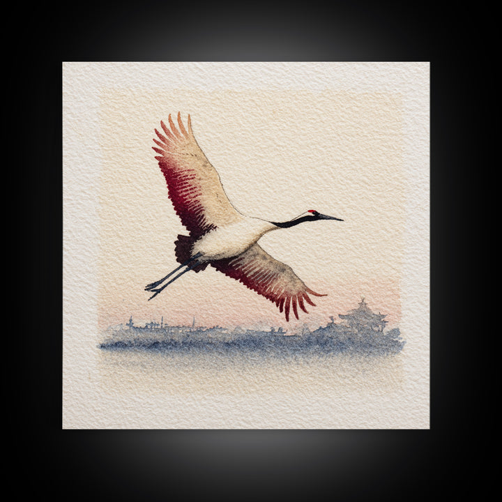 Black Ink Crane Flying Across Empty Sky Canvas Print, Black and White Art, Boho Decor, Living Room Decor, Monochrome, BAW-1x1-37