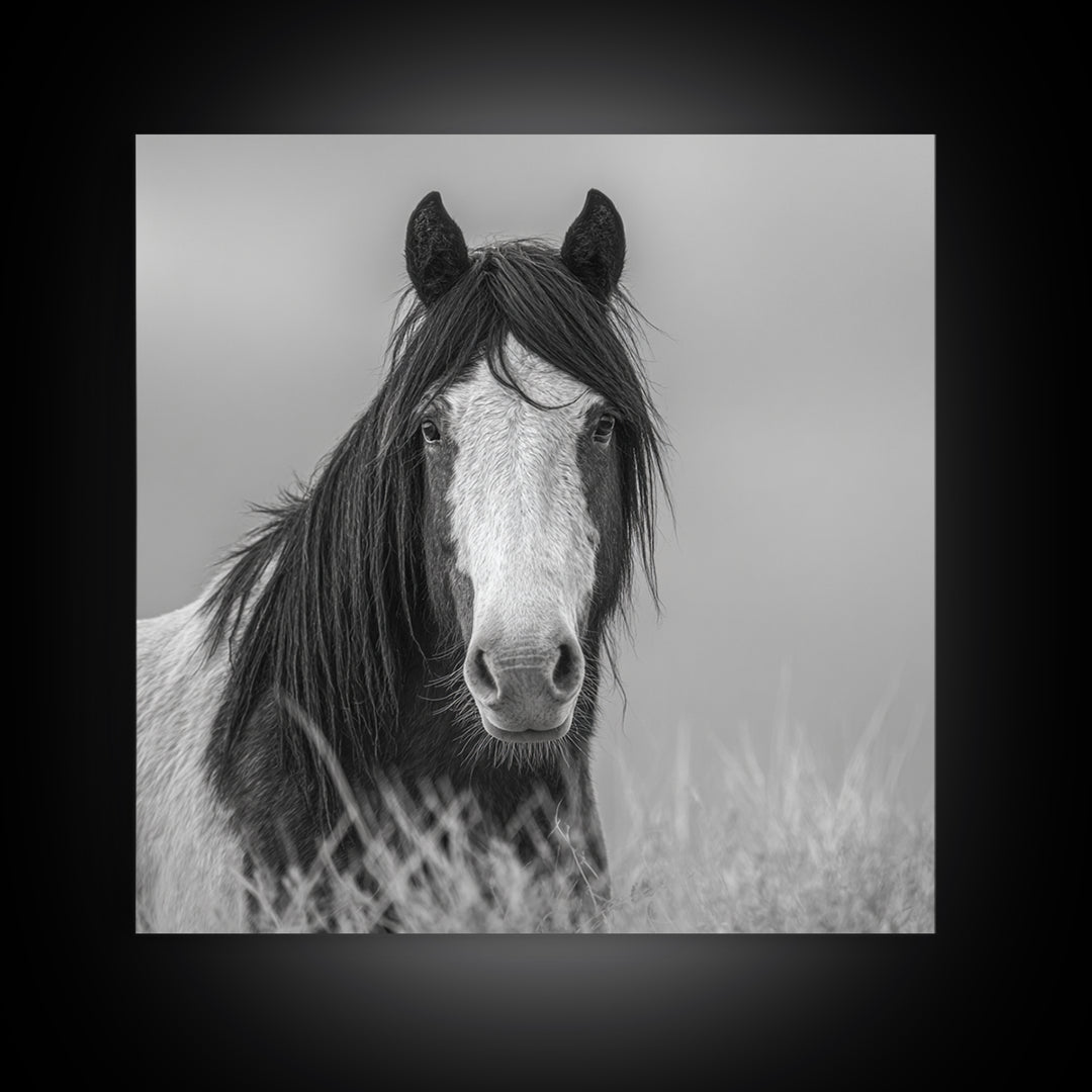 Black and White Wild Horse Portrait Canvas Print, Black and White Art, Fine Art Print, Living Room Decor, Oil Painting, BAW-1x1-5