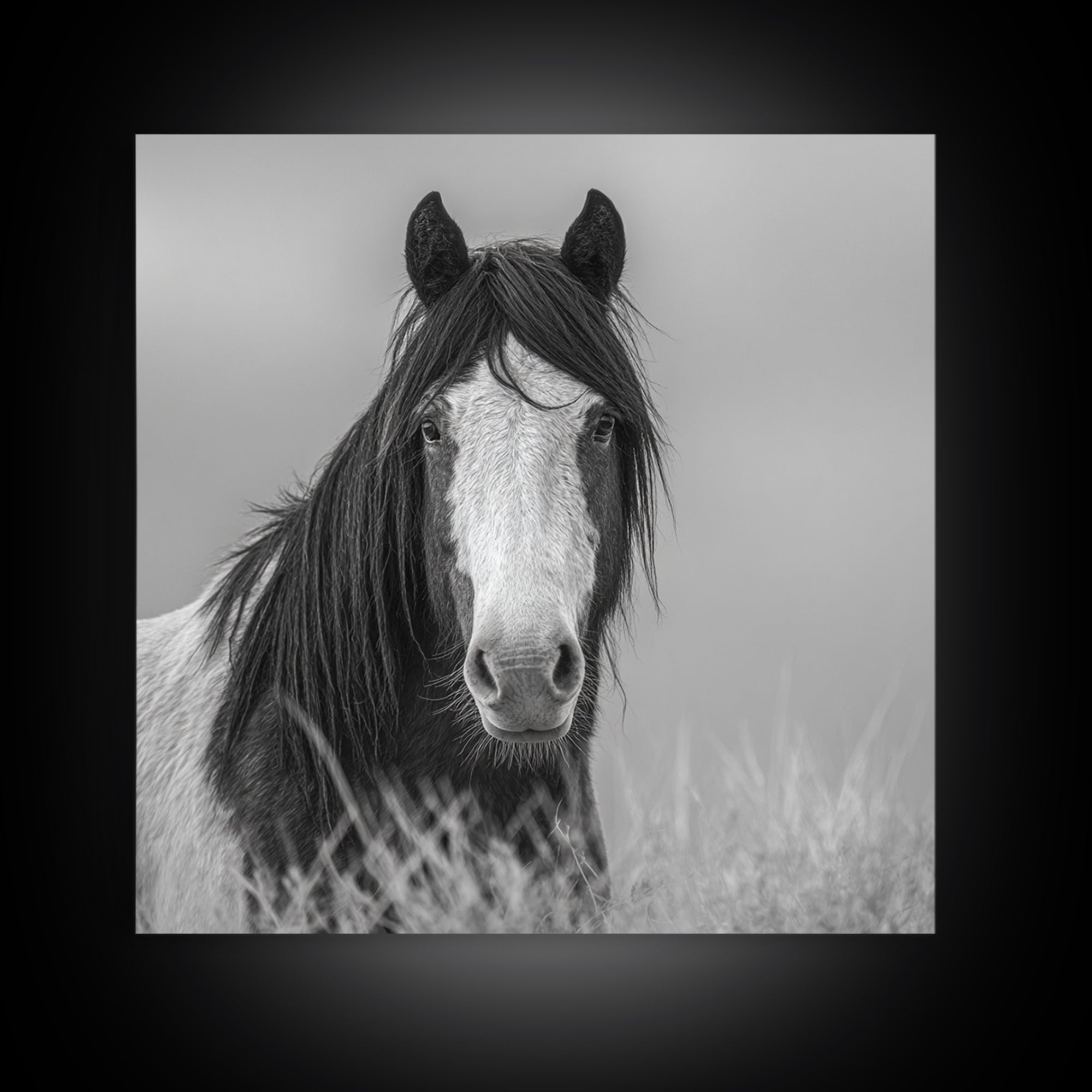 Black and White Wild Horse Portrait Canvas Print, Black and White Art, Fine Art Print, Living Room Decor, Oil Painting, BAW-1x1-5