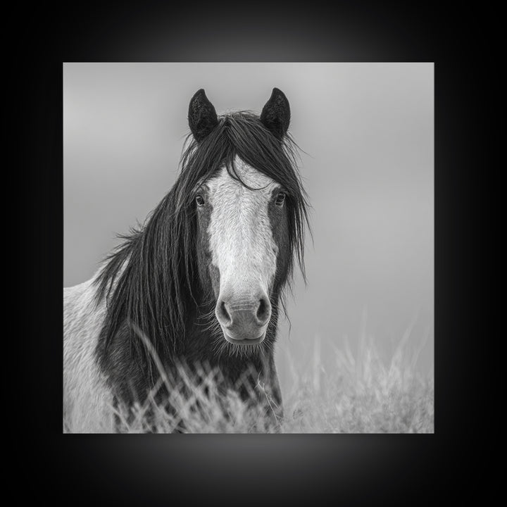 Black and White Wild Horse Portrait Canvas Print, Black and White Art, Fine Art Print, Living Room Decor, Oil Painting, BAW-1x1-5