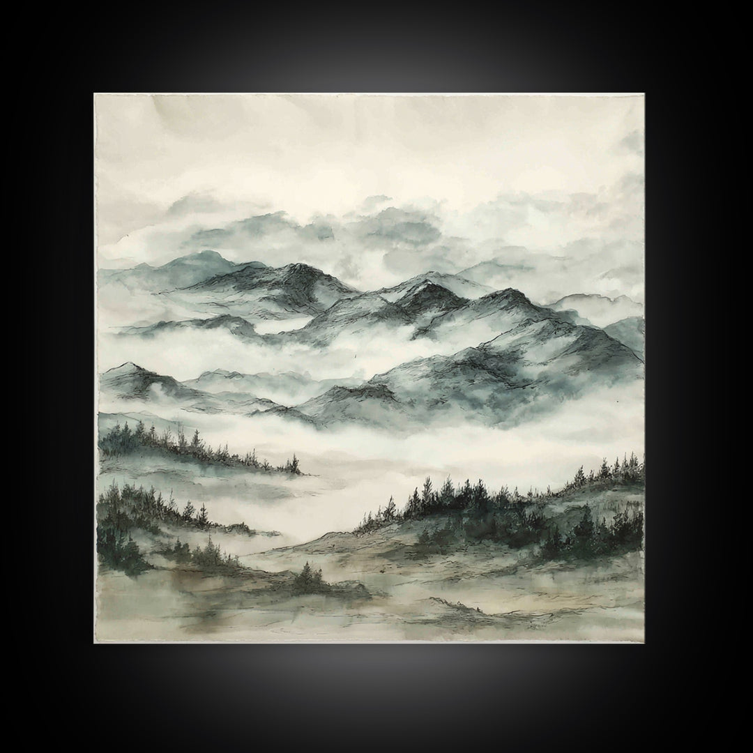 Black Ink Mountain Range Canvas Print, Black and White Art, Cabin Decor, Living Room Decor, Fine Art, Monochrome, BAW-1x1-50