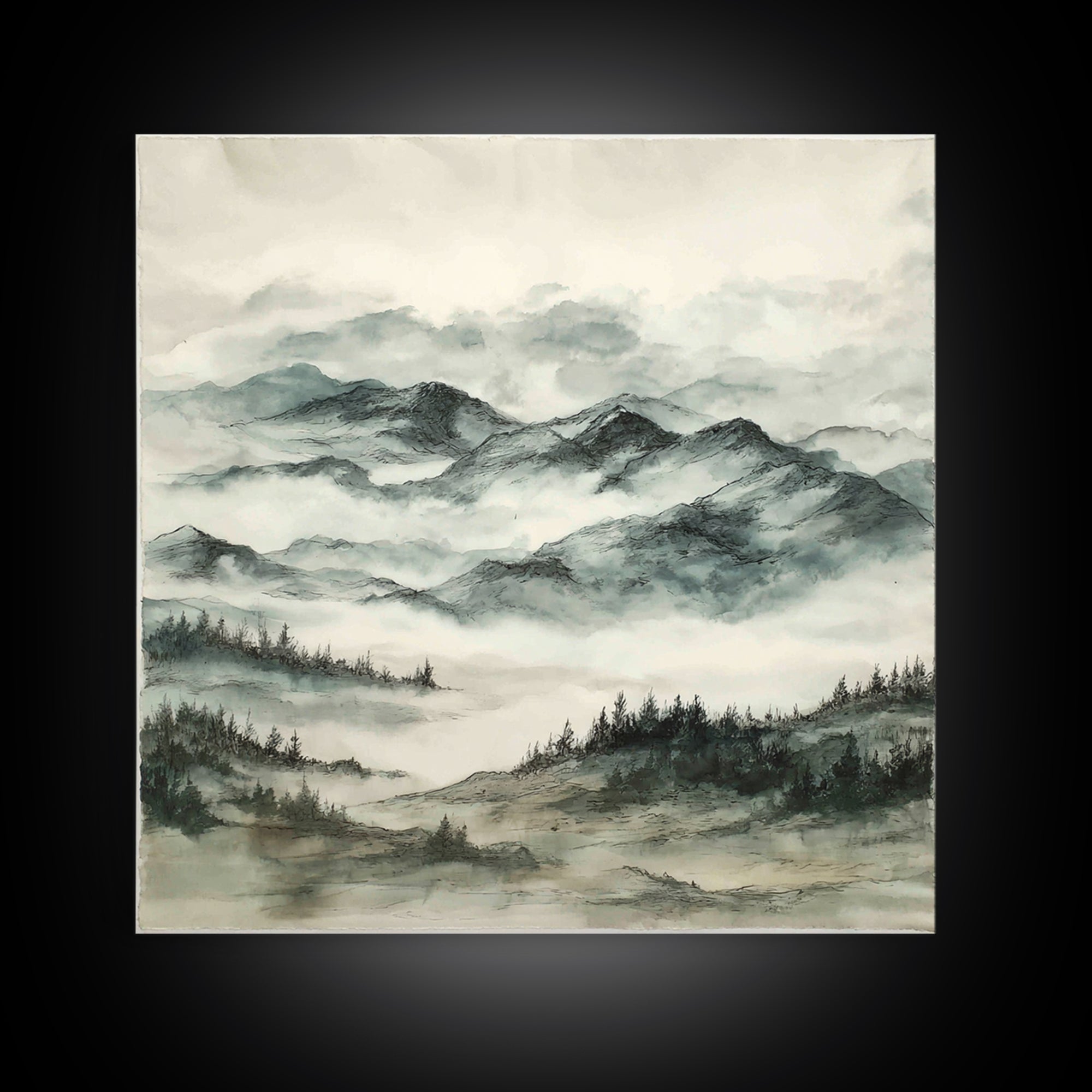 Black Ink Mountain Range Canvas Print, Black and White Art, Cabin Decor, Living Room Decor, Fine Art, Monochrome, BAW-1x1-50