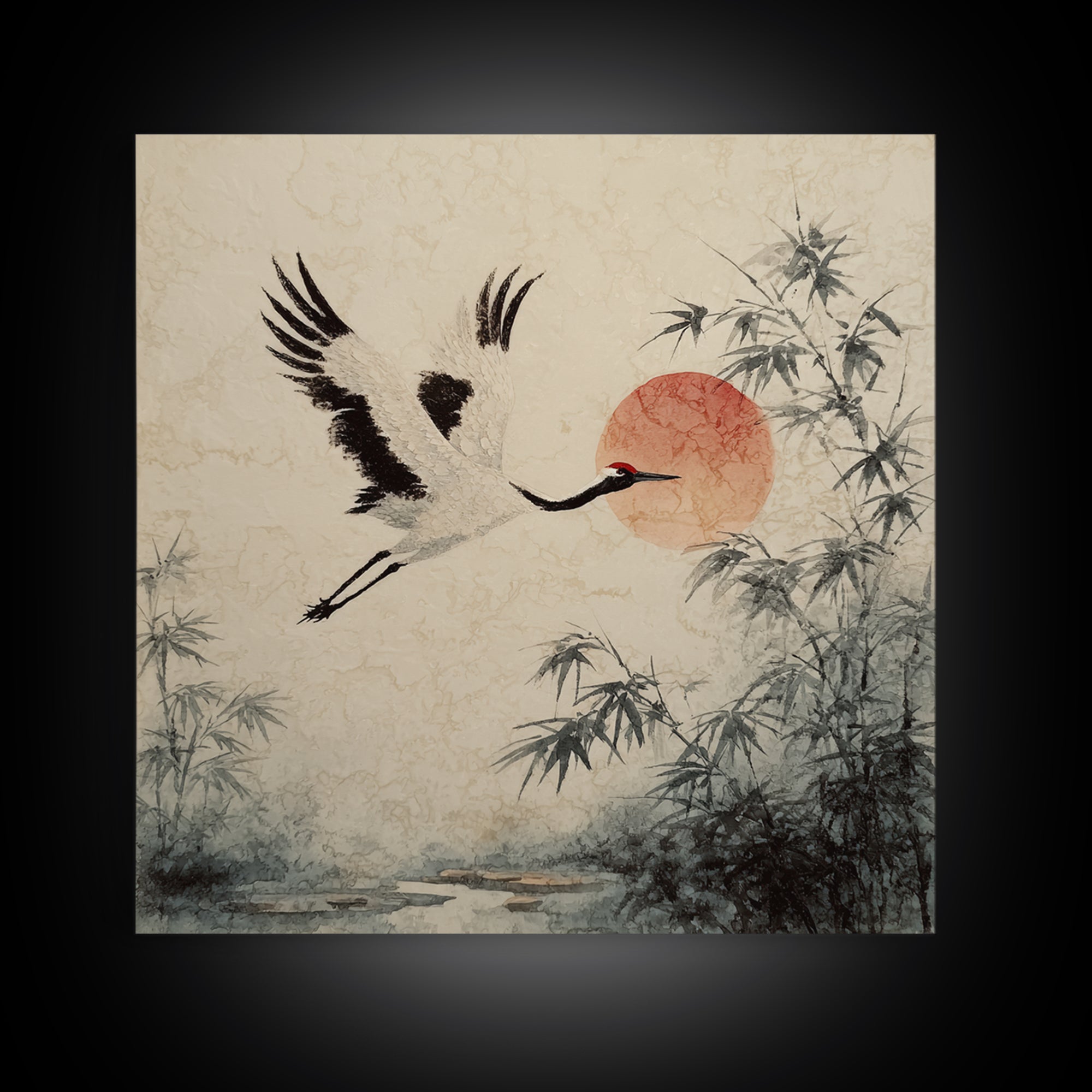 Black Ink Crane Flying Across Empty Sky Canvas Print, Black and White Art, Boho Decor, Living Room Decor, Monochrome, BAW-1x1-61