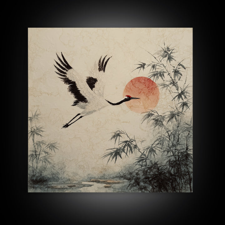 Black Ink Crane Flying Across Empty Sky Canvas Print, Black and White Art, Boho Decor, Living Room Decor, Monochrome, BAW-1x1-61