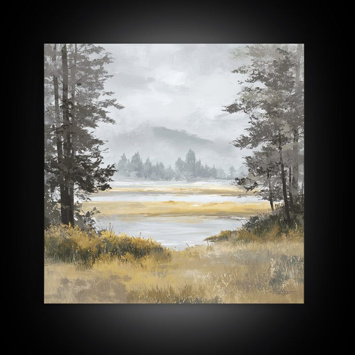 Moody Foggy Forest Framed Canvas Print, Black and White Art, Gothic Decor, Living Room Decor, Oil Painting, Monochrome, BAW-1x1-7