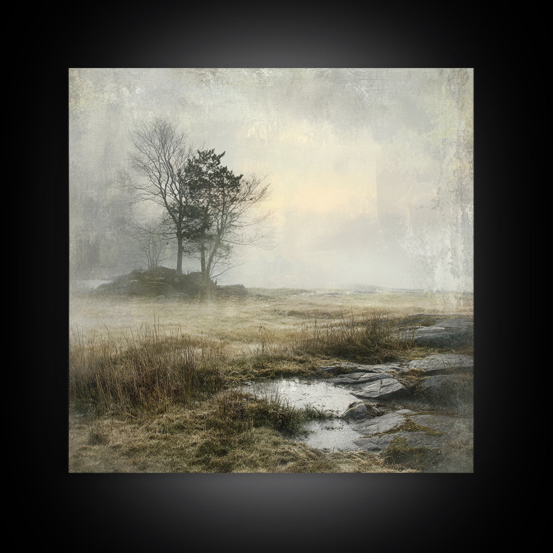 Moody Foggy Forest Framed Canvas Print, Black and White Art, Boho Decor, Living Room Decor, Monochrome, Halloween Decor, BAW-1x1-79