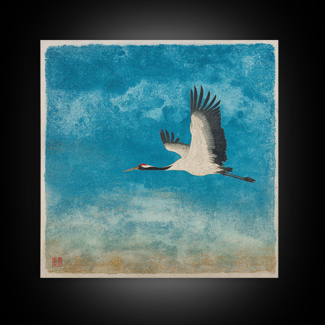 Black Ink Crane Flying Across Empty Sky Canvas Print, Black and White Art, Minimalist Decor, Living Room Decor, Monochrome, BAW-1x1-85