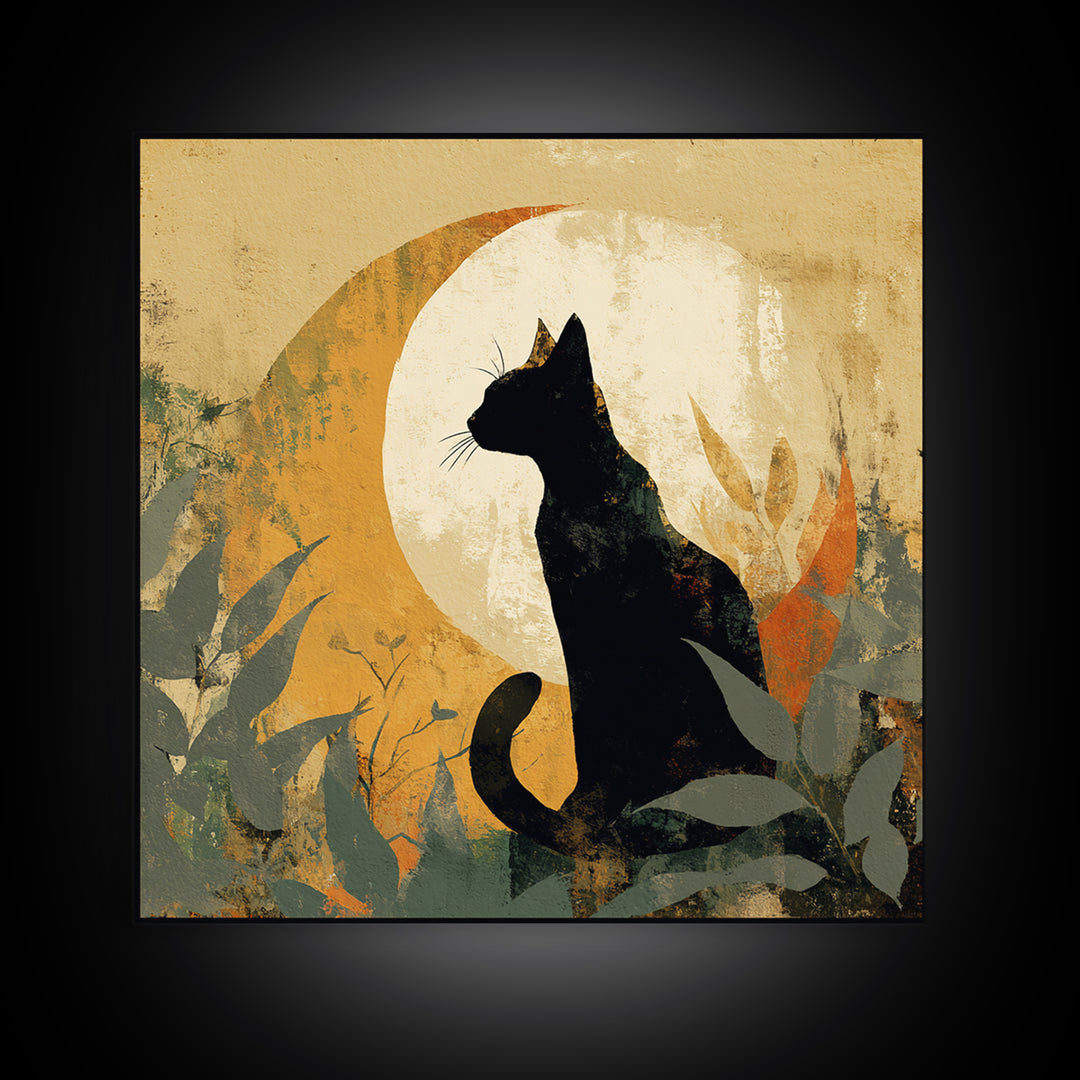 Black Cat Silhouette Framed Canvas Print, Black and White Art, Minimalist Decor, Living Room Decor, Fine Art, Monochrome, BAW-1x1-88