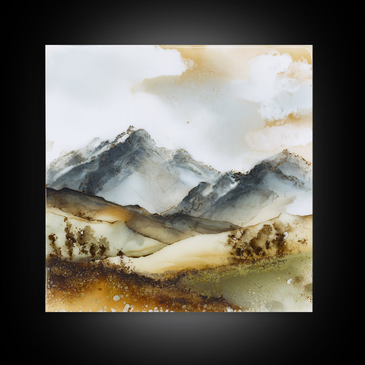 Black Ink Mountain Range Canvas Print, Black and White Art, Textured Painting, Living Room Decor, Watercolor Art, Monochrome, BAW-1x1-98