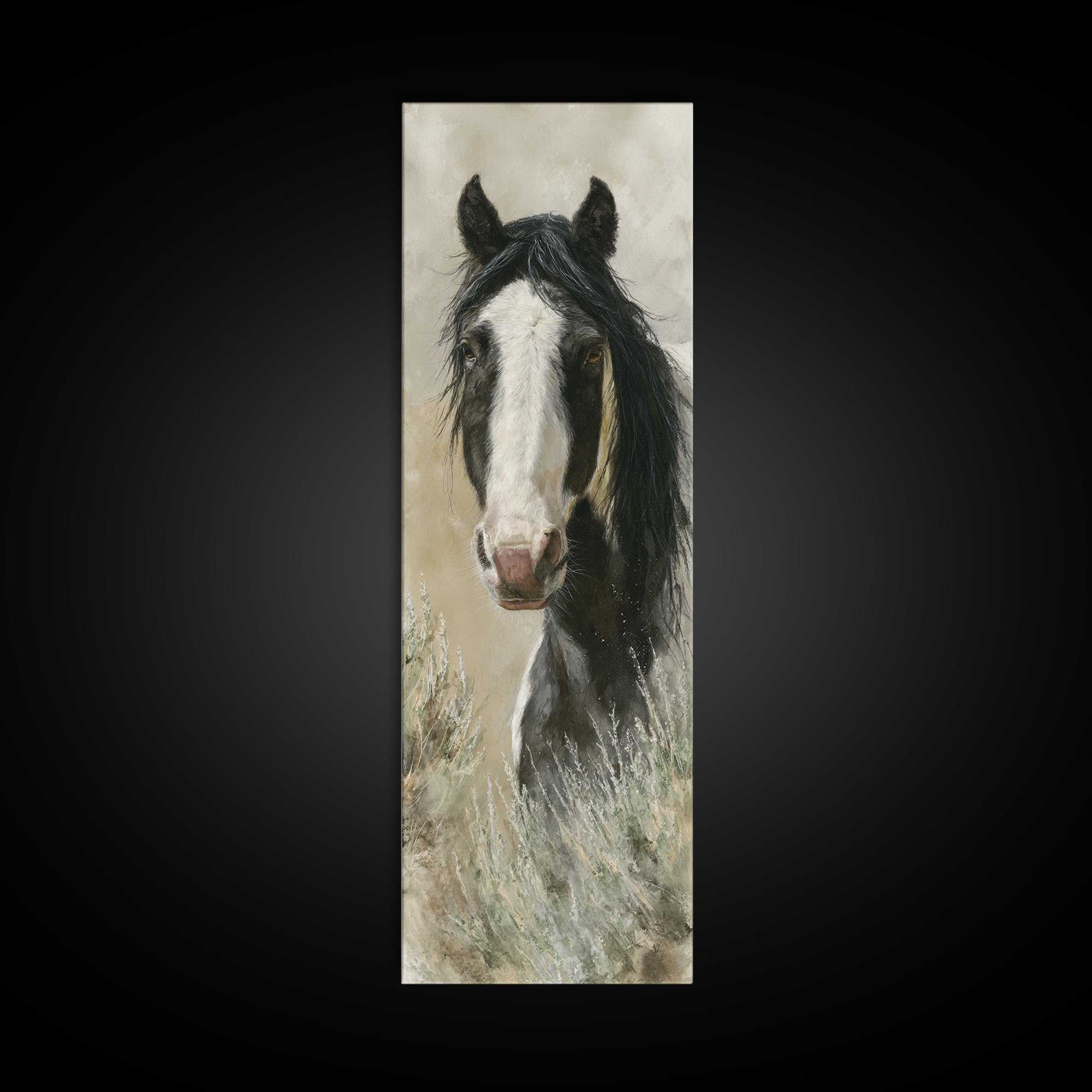Black and White Wild Horse Portrait Canvas Print, Black and White Art, Art, Living Room Decor, Monochrome, Original Art, BAW-1x3-17