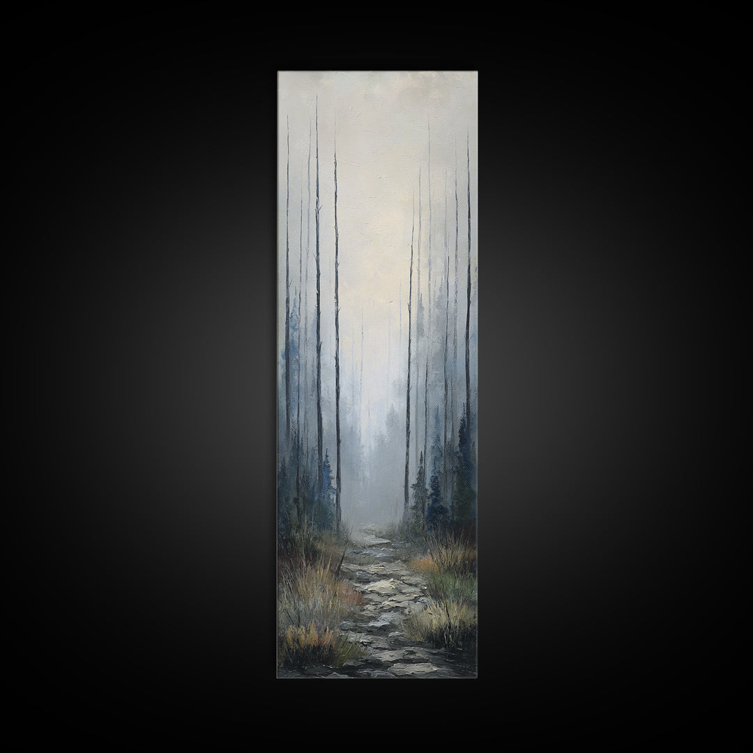 Moody Foggy Forest Framed Canvas Print, Black and White Art, Gothic Decor, Living Room Decor, Oil Painting, Monochrome, BAW-1x3-19