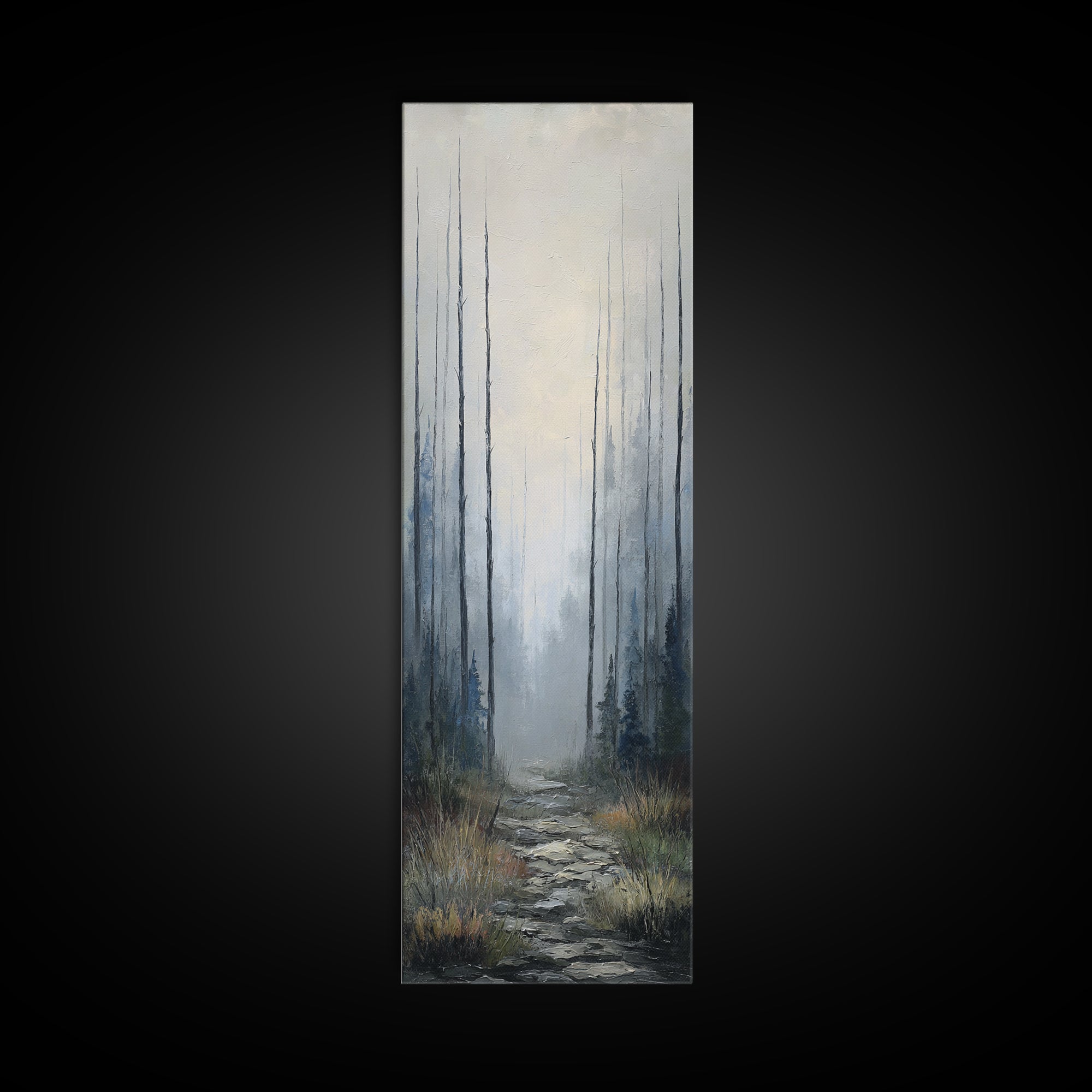 Moody Foggy Forest Framed Canvas Print, Black and White Art, Gothic Decor, Living Room Decor, Oil Painting, Monochrome, BAW-1x3-19