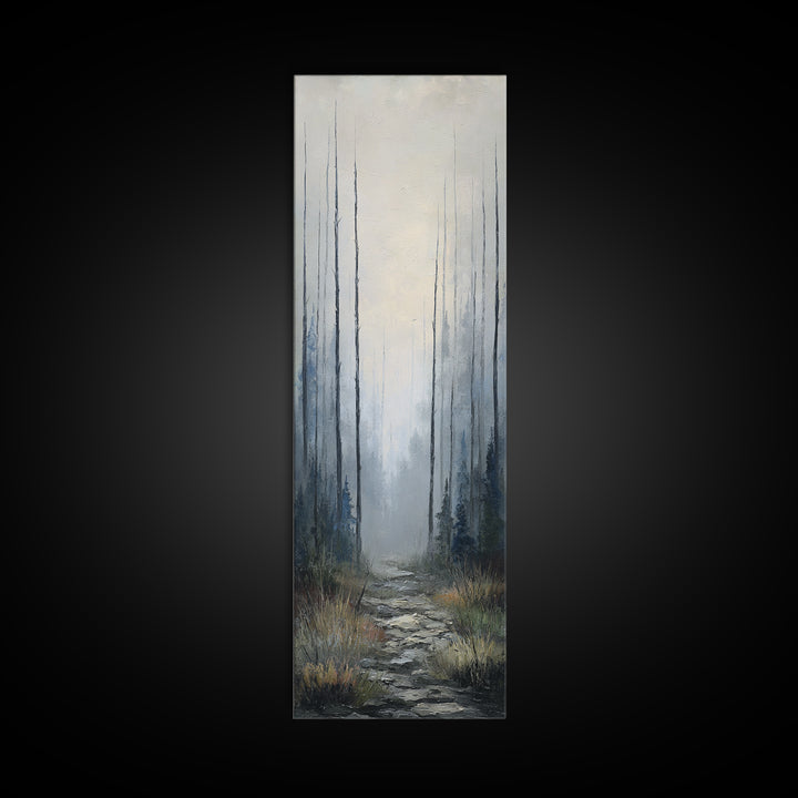 Moody Foggy Forest Framed Canvas Print, Black and White Art, Gothic Decor, Living Room Decor, Oil Painting, Monochrome, BAW-1x3-19