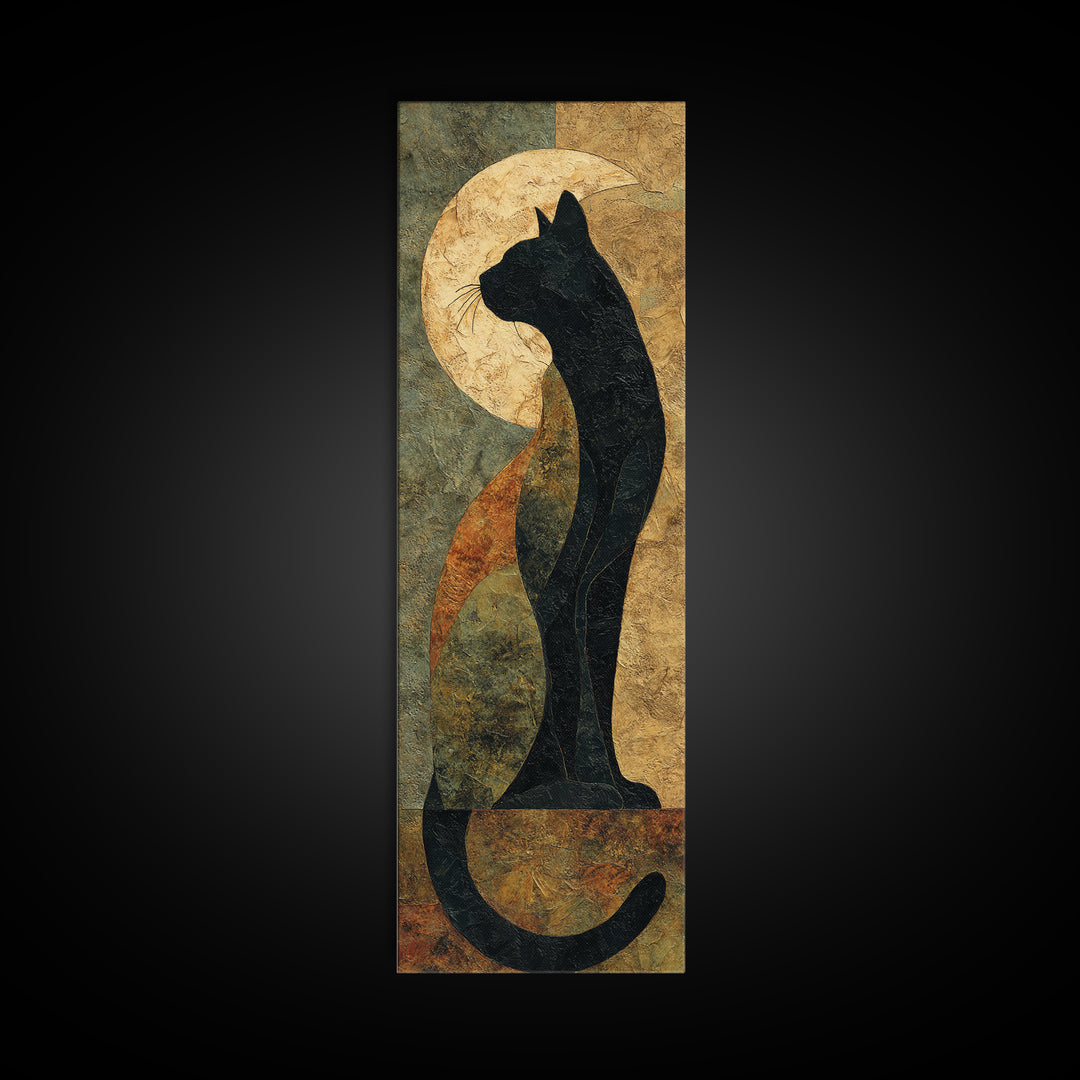Black Cat Silhouette Canvas Print, Black and White Art, Digital Prints, Living Room Decor, Fine Art, Monochrome, Wood Wall Art, BAW-1x3-28