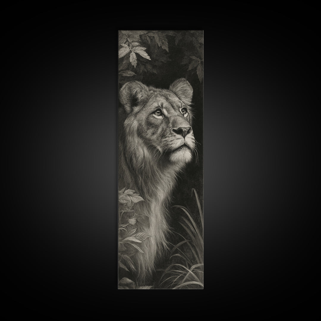Dramatic Black and White Lion Portrait Canvas Print, Black and White Art, Textured Painting, Living Room Decor, Monochrome, BAW-1x3-29