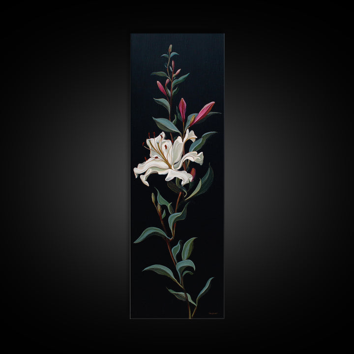 White Flower on Deep Black Background Canvas Print, Black and White Art, Digital Art, Living Room Decor, Watercolor Art, BAW-1x3-48