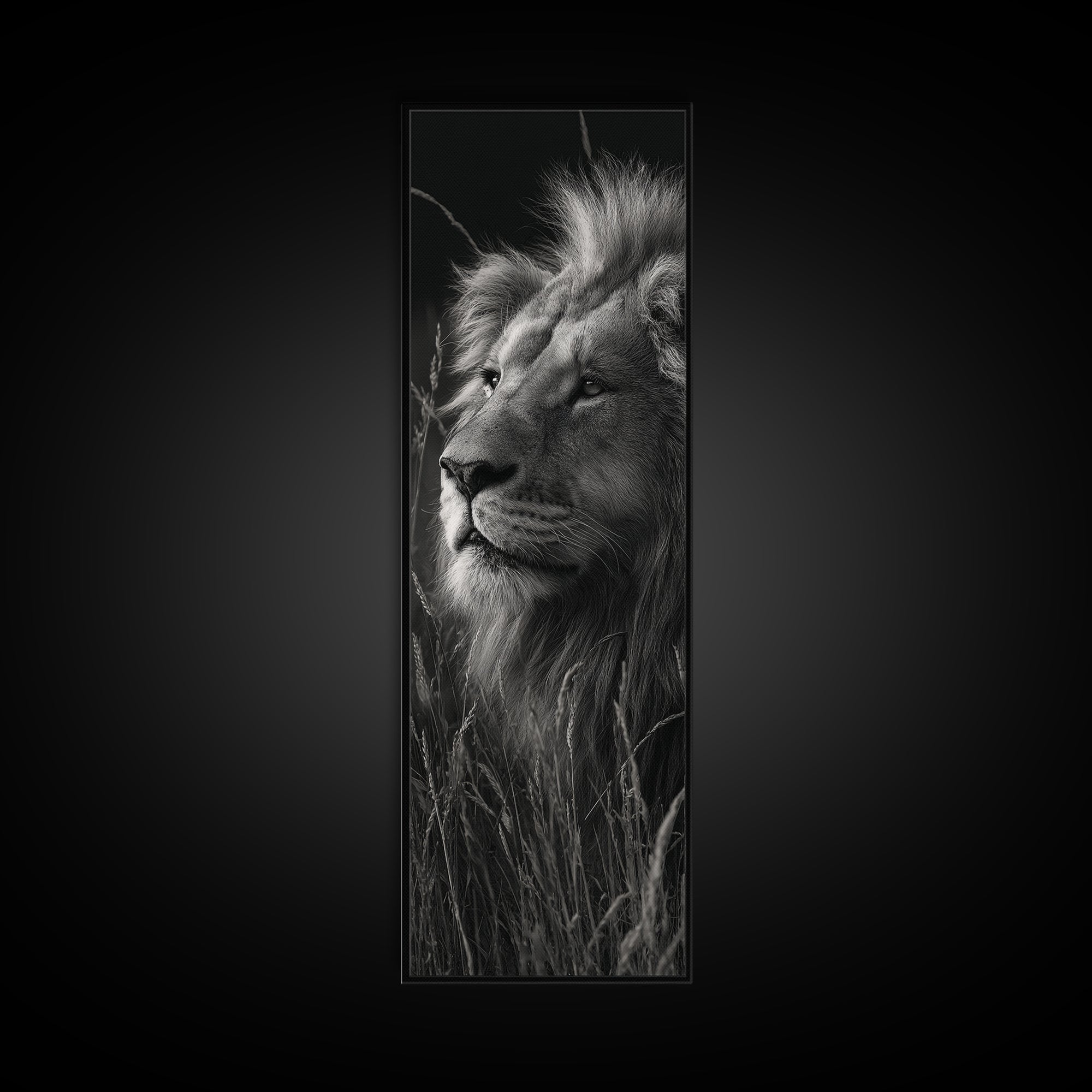 Dramatic Black and White Lion Portrait Canvas Print, Black and White Art, Fine Art Print, Living Room Decor, Oil Painting, BAW-1x3-5