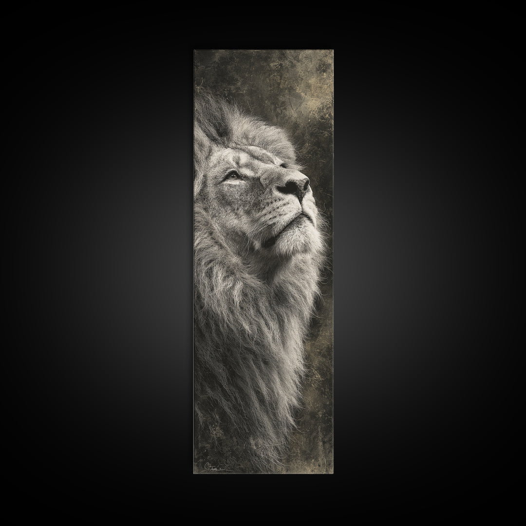 Dramatic Black and White Lion Portrait Canvas Print, Black and White Art, Textured Painting, Living Room Decor, Monochrome, BAW-1x3-53